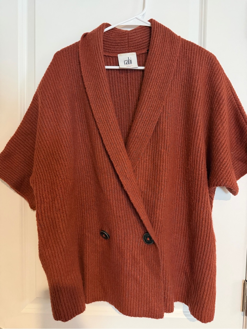 CAbi Brick Rust Short-Sleeve Shawl-Collar Cardigan